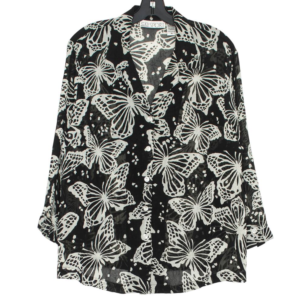 Vintage Sheer Butterfly Button Up Top Black XL Y2K 90s Cottagecore Boho Fairy